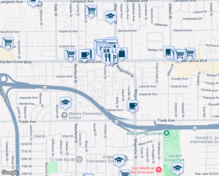 map of restaurants, bars, coffee shops, grocery stores, and more near 13162 Yockey Street in Garden Grove