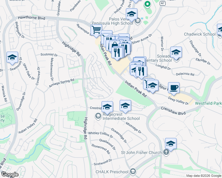 map of restaurants, bars, coffee shops, grocery stores, and more near 74 Aspen Way in Rolling Hills Estates