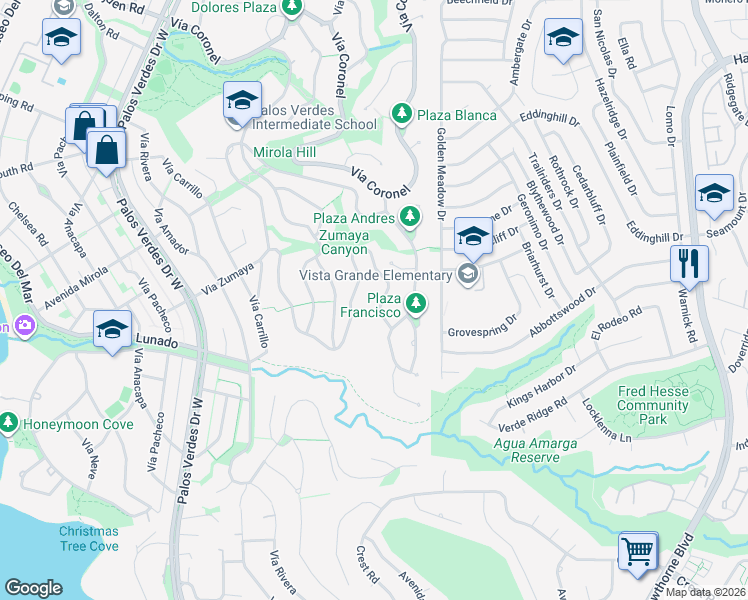 map of restaurants, bars, coffee shops, grocery stores, and more near 1420 Vía Zumaya in Palos Verdes Estates