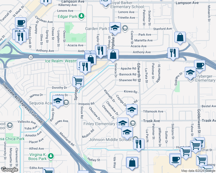 map of restaurants, bars, coffee shops, grocery stores, and more near 6222 Shawnee Road in Westminster
