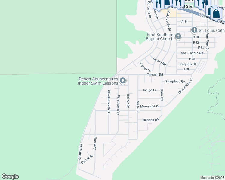 map of restaurants, bars, coffee shops, grocery stores, and more near 38260 Charlesworth Drive in Cathedral City