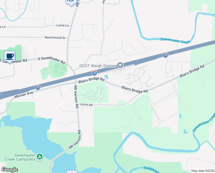 map of restaurants, bars, coffee shops, grocery stores, and more near 1713 Blairs Bridge Road in Lithia Springs