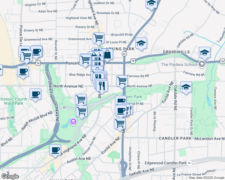 map of restaurants, bars, coffee shops, grocery stores, and more near 591 Seminole Avenue Northeast in Atlanta