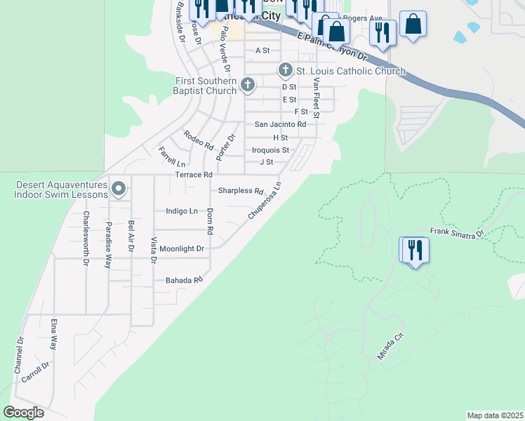 map of restaurants, bars, coffee shops, grocery stores, and more near 38220 Chuperosa Lane in Cathedral City