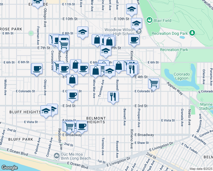 map of restaurants, bars, coffee shops, grocery stores, and more near in Long Beach