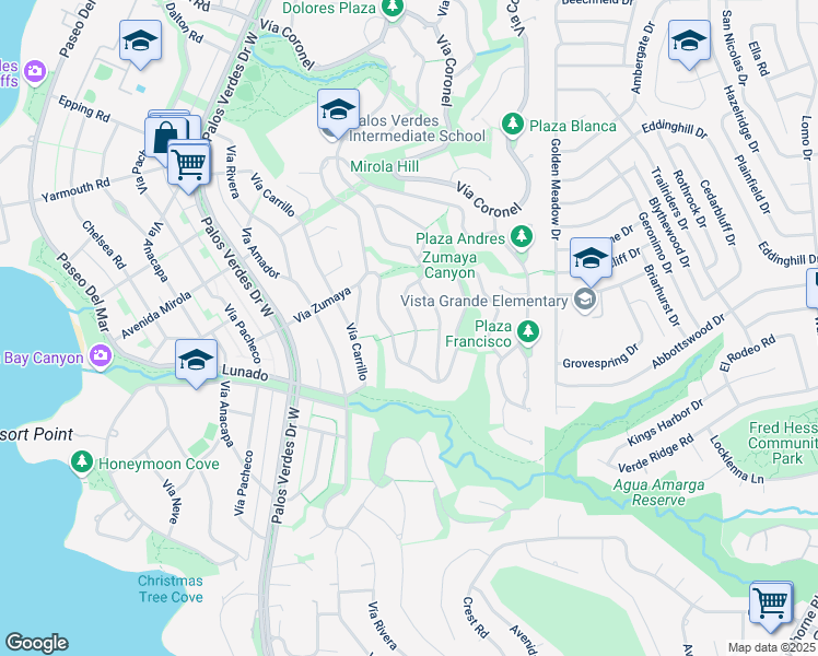 map of restaurants, bars, coffee shops, grocery stores, and more near 2637 Vía Olivera in Palos Verdes Estates