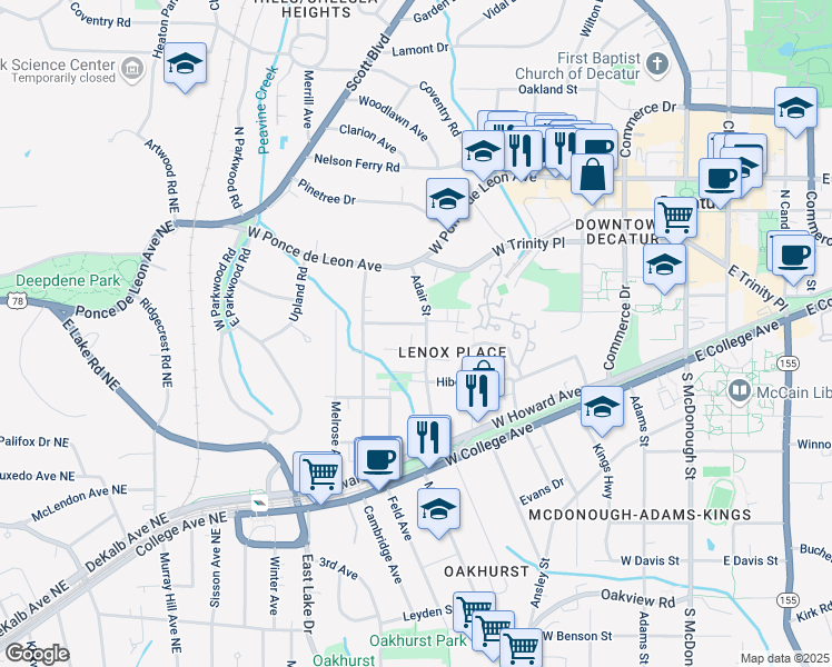 map of restaurants, bars, coffee shops, grocery stores, and more near 266 Adair Street in Decatur