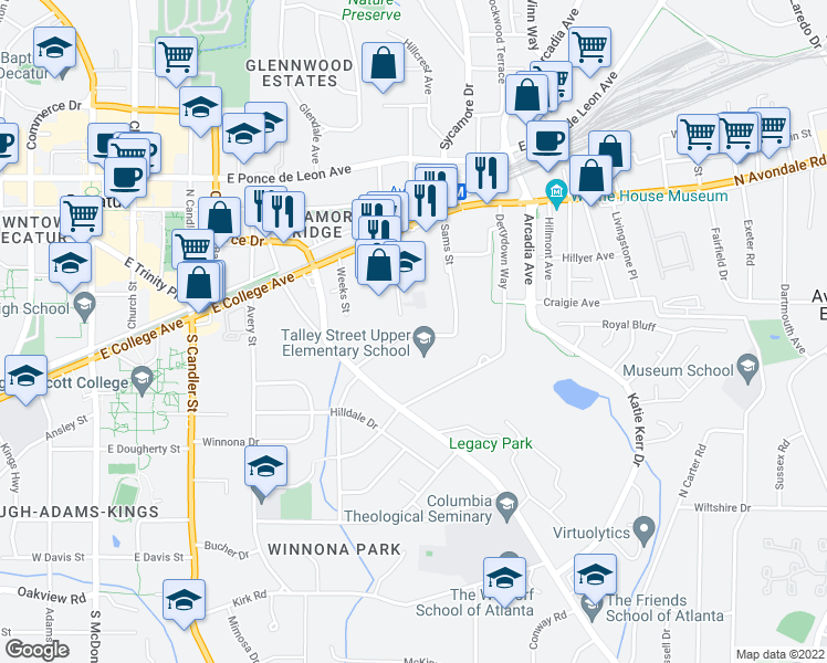 map of restaurants, bars, coffee shops, grocery stores, and more near 2634 Talley Street in Decatur