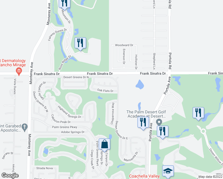 map of restaurants, bars, coffee shops, grocery stores, and more near 73710 Oak Flats Drive in Palm Desert