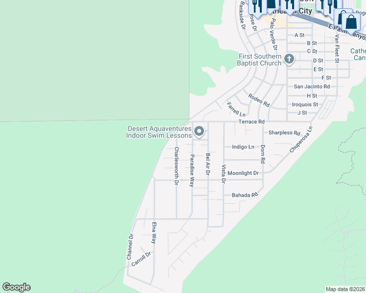 map of restaurants, bars, coffee shops, grocery stores, and more near 38260 Charlesworth Drive in Cathedral City