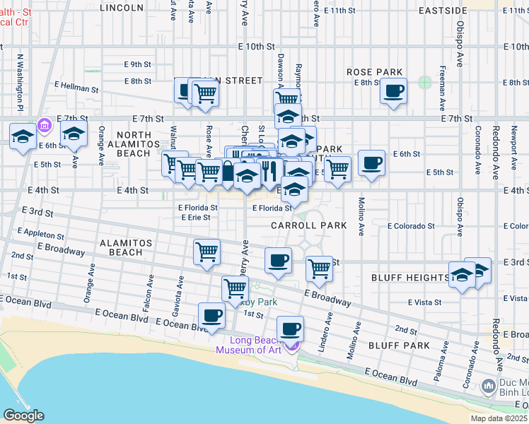 map of restaurants, bars, coffee shops, grocery stores, and more near 2104 East Florida Street in Long Beach