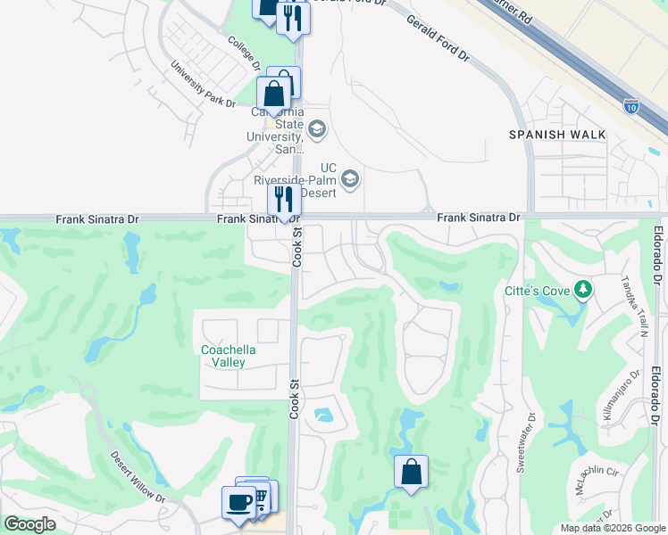 map of restaurants, bars, coffee shops, grocery stores, and more near 374 Links Drive in Palm Desert