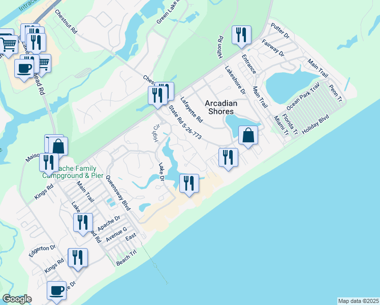 map of restaurants, bars, coffee shops, grocery stores, and more near 203 Baslow Court in Myrtle Beach