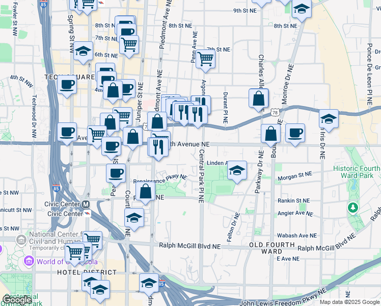 map of restaurants, bars, coffee shops, grocery stores, and more near 816 Cityscape Plaza Northeast in Atlanta