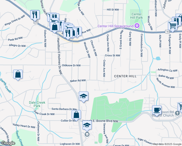 map of restaurants, bars, coffee shops, grocery stores, and more near 569 Woods Drive Northwest in Atlanta