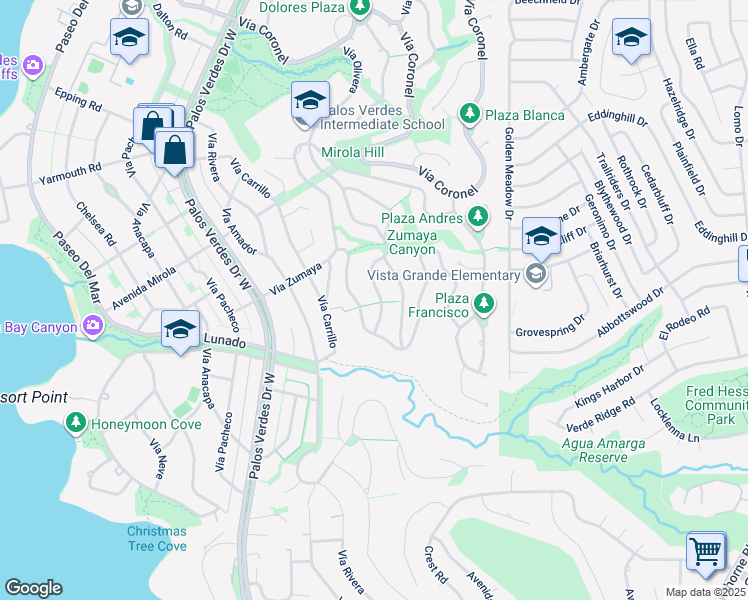 map of restaurants, bars, coffee shops, grocery stores, and more near 2637 Vía Olivera in Palos Verdes Estates