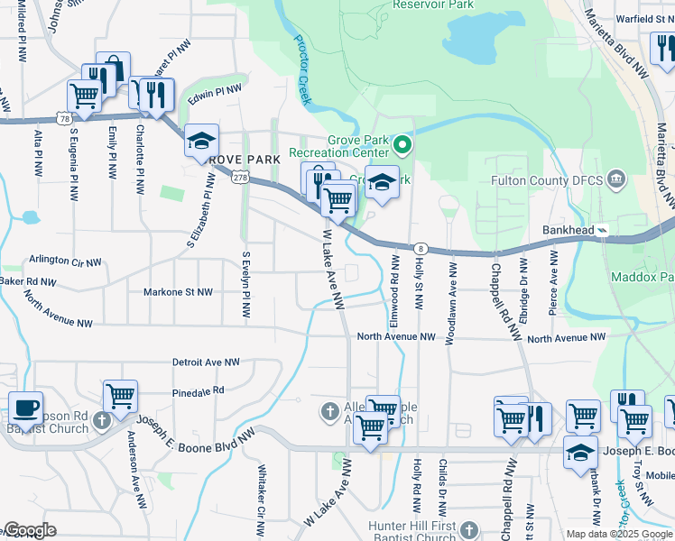 map of restaurants, bars, coffee shops, grocery stores, and more near 557 W Lake Avenue Northwest in Atlanta