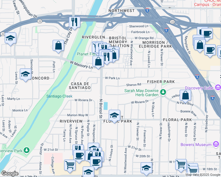 map of restaurants, bars, coffee shops, grocery stores, and more near 1223 Sharon Road in Santa Ana