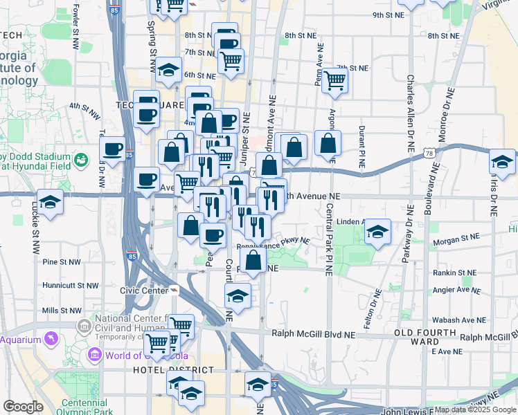 map of restaurants, bars, coffee shops, grocery stores, and more near 590 Piedmont Avenue Northeast in Atlanta