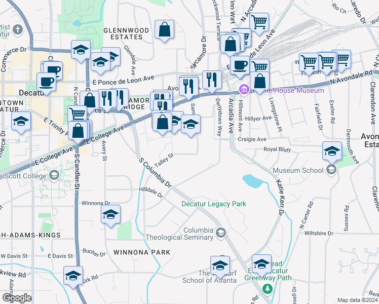 map of restaurants, bars, coffee shops, grocery stores, and more near 2634 Talley Street in Decatur