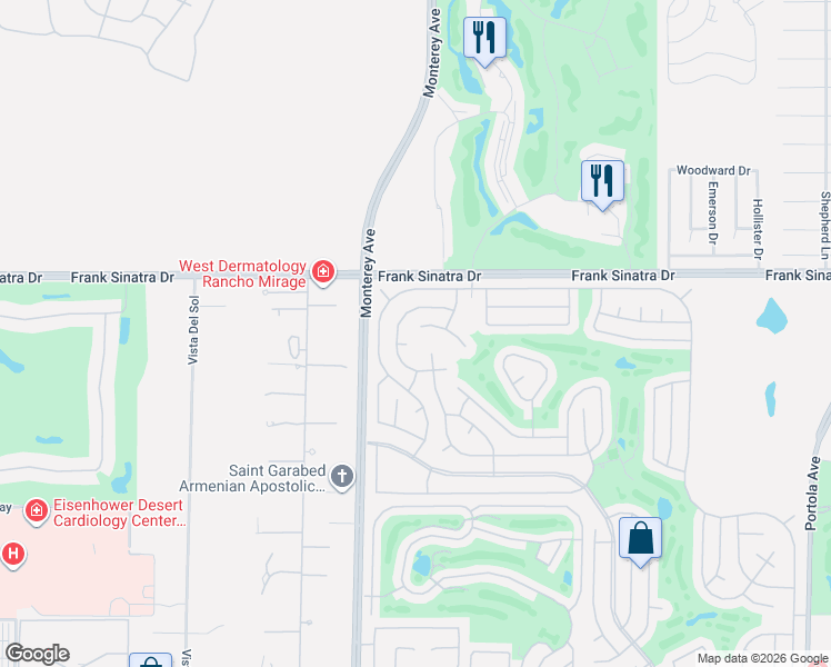 map of restaurants, bars, coffee shops, grocery stores, and more near 73133 Lone Mountain Lane in Palm Desert