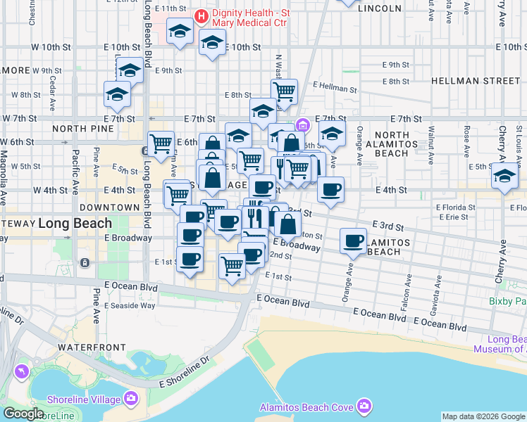 map of restaurants, bars, coffee shops, grocery stores, and more near 801 East 3rd Street in Long Beach
