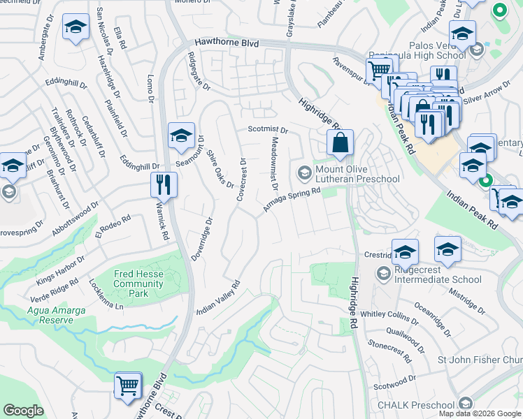 map of restaurants, bars, coffee shops, grocery stores, and more near 6115 Armaga Spring Road in Rancho Palos Verdes