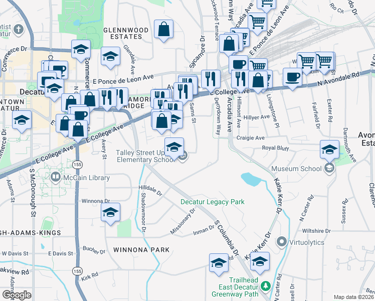map of restaurants, bars, coffee shops, grocery stores, and more near 2634 Talley Street in Decatur