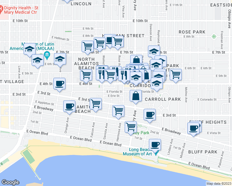 map of restaurants, bars, coffee shops, grocery stores, and more near 1728 East Florida Street in Long Beach