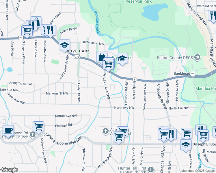 map of restaurants, bars, coffee shops, grocery stores, and more near 557 West Lake Avenue Northwest in Atlanta