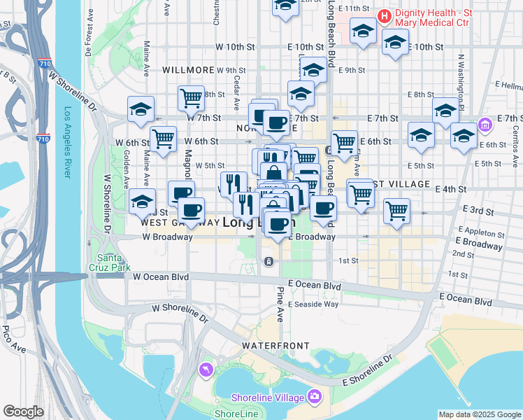 map of restaurants, bars, coffee shops, grocery stores, and more near 300 Pacific Avenue in Long Beach