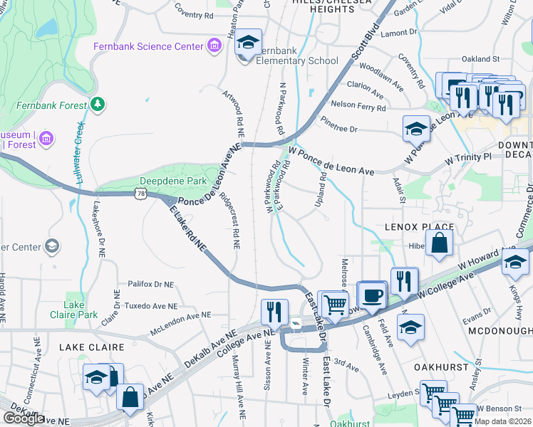 map of restaurants, bars, coffee shops, grocery stores, and more near 374 West Parkwood Road in Decatur