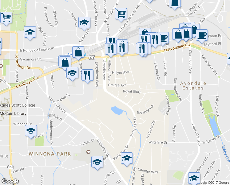 map of restaurants, bars, coffee shops, grocery stores, and more near 2735 Royal Bluff in Decatur