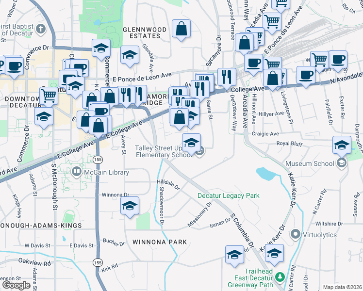 map of restaurants, bars, coffee shops, grocery stores, and more near 151 New Street in Decatur