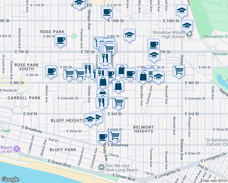 map of restaurants, bars, coffee shops, grocery stores, and more near 368 Newport Avenue in Long Beach