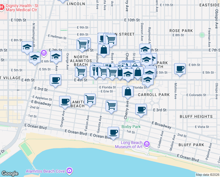 map of restaurants, bars, coffee shops, grocery stores, and more near 1734 East Florida Street in Long Beach