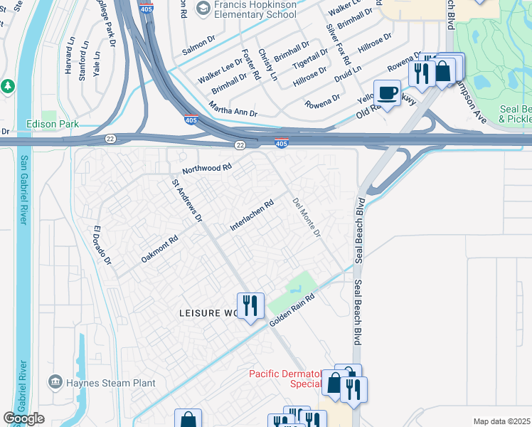 map of restaurants, bars, coffee shops, grocery stores, and more near 1670 Interlachen Road in Seal Beach