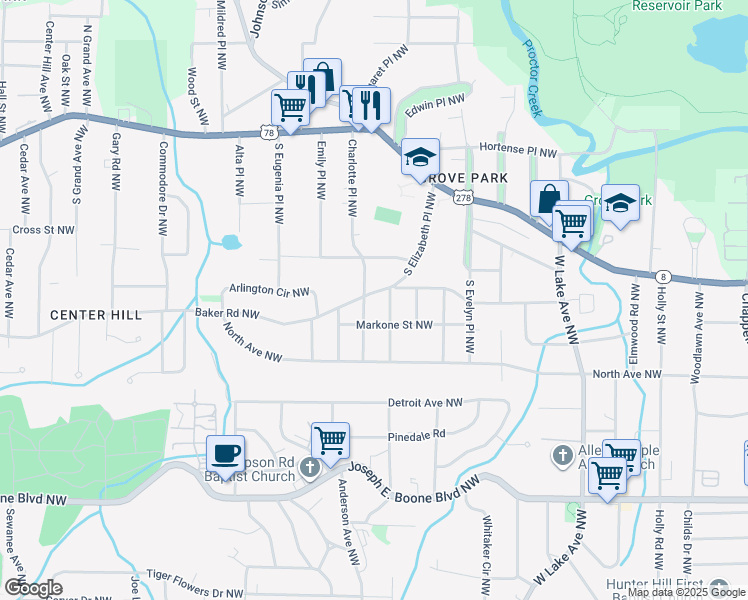 map of restaurants, bars, coffee shops, grocery stores, and more near 1924 Baker Road Northwest in Atlanta