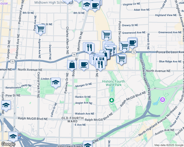 map of restaurants, bars, coffee shops, grocery stores, and more near 525 North Avenue Northeast in Atlanta