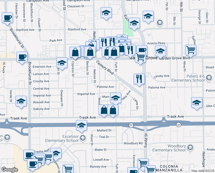 map of restaurants, bars, coffee shops, grocery stores, and more near 10651 Paloma Avenue in Garden Grove