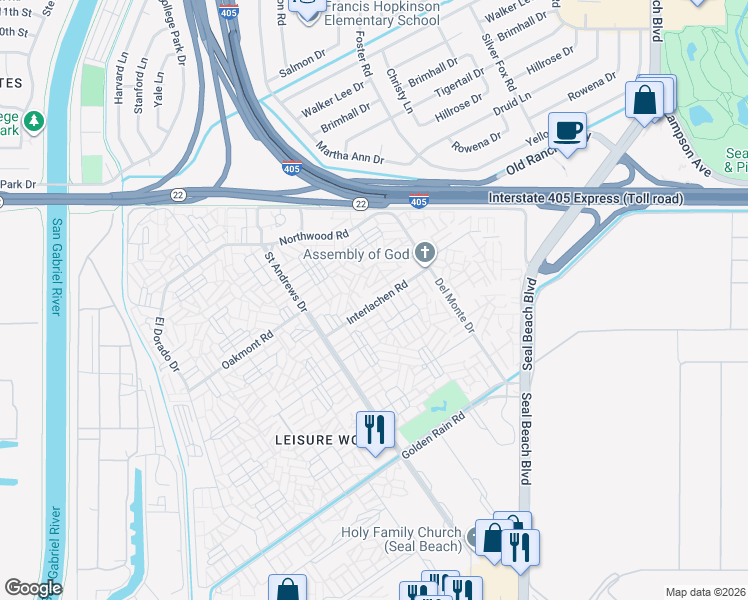 map of restaurants, bars, coffee shops, grocery stores, and more near 1591 Interlachen Road in Seal Beach