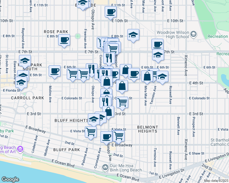 map of restaurants, bars, coffee shops, grocery stores, and more near in Long Beach