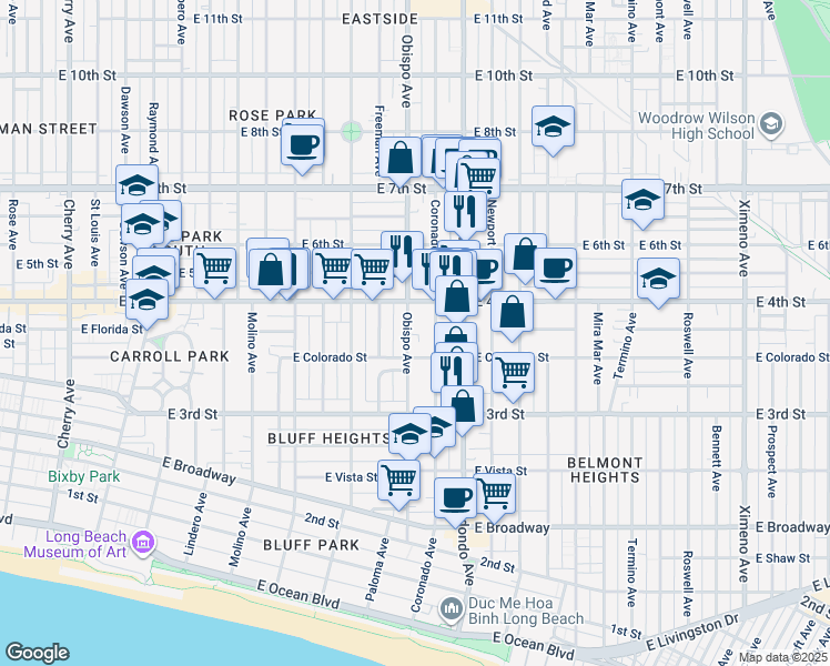 map of restaurants, bars, coffee shops, grocery stores, and more near 381 Obispo Avenue in Long Beach