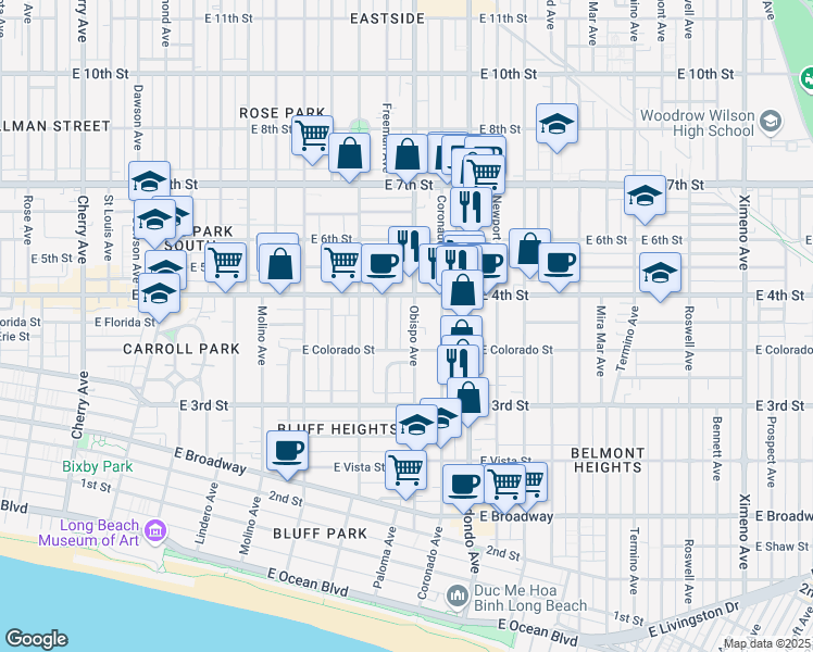 map of restaurants, bars, coffee shops, grocery stores, and more near 381 Obispo Avenue in Long Beach
