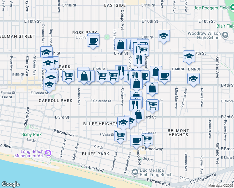 map of restaurants, bars, coffee shops, grocery stores, and more near 381 Obispo Avenue in Long Beach