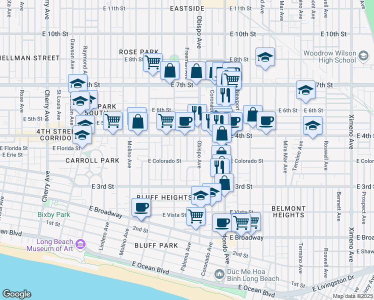 map of restaurants, bars, coffee shops, grocery stores, and more near 381 Obispo Avenue in Long Beach