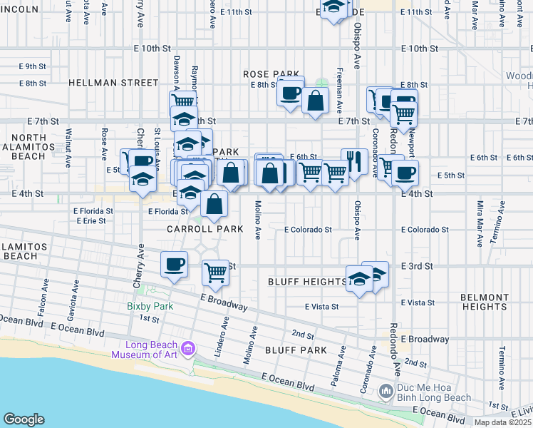 map of restaurants, bars, coffee shops, grocery stores, and more near 2749 East De Soto Street in Long Beach