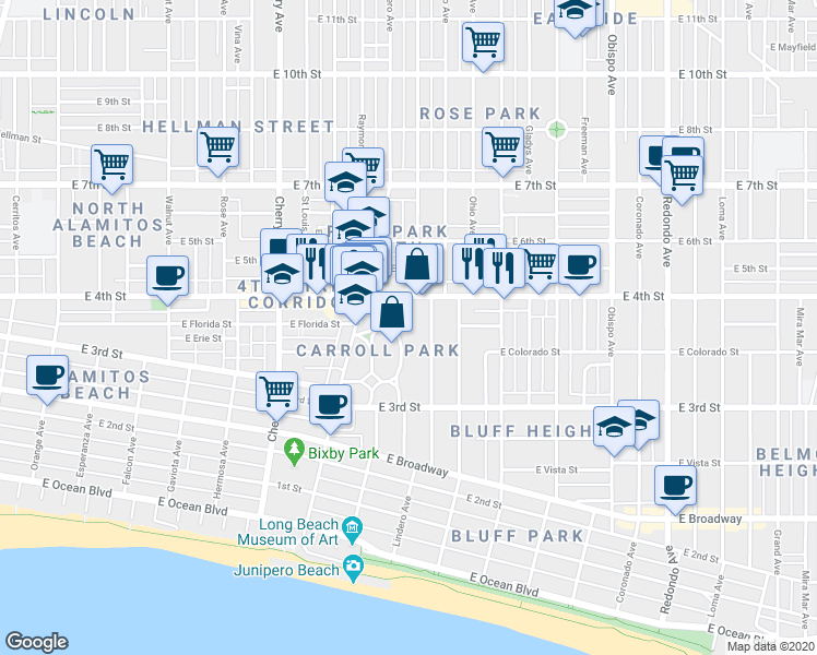map of restaurants, bars, coffee shops, grocery stores, and more near 2420 East 4th Street in Long Beach