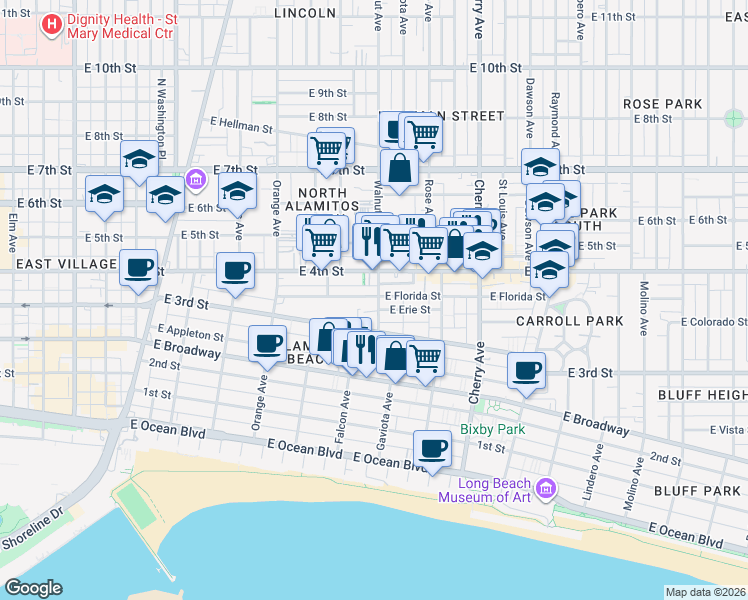 map of restaurants, bars, coffee shops, grocery stores, and more near 1617 East Florida Street in Long Beach