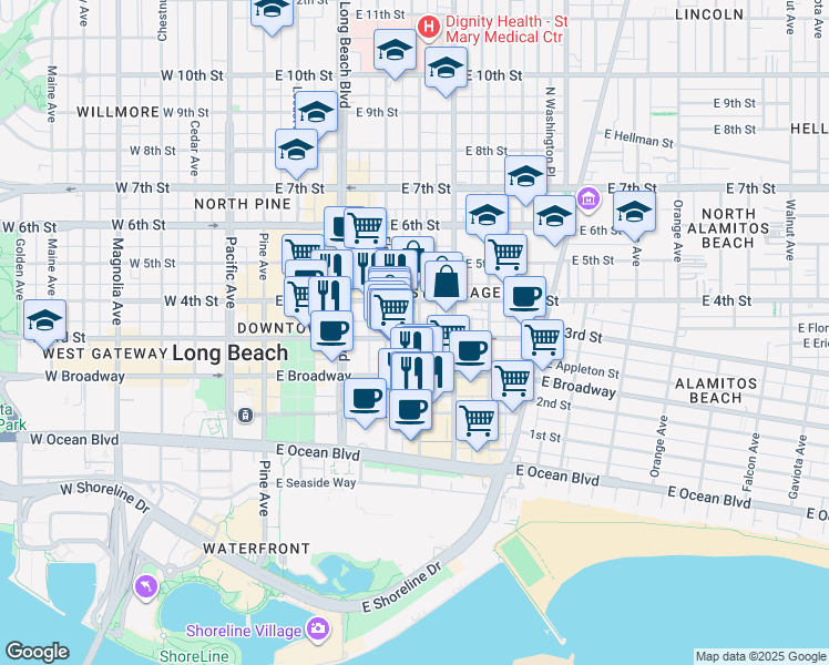 map of restaurants, bars, coffee shops, grocery stores, and more near in Long Beach